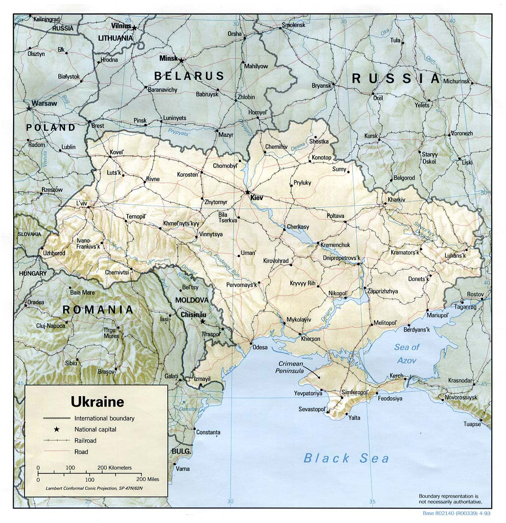 Политическая карта Украины с рельефом, дорогами и городами