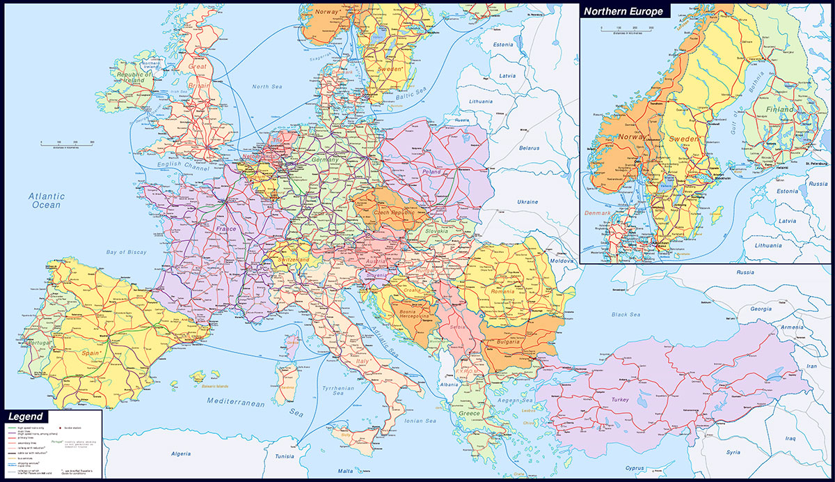 Большая карта железных дорог Европы