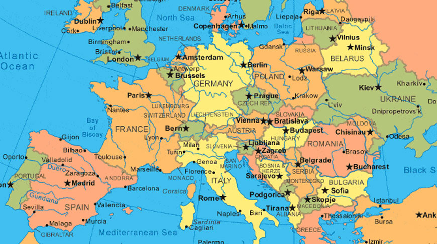 Карта Європи з країнами та містами