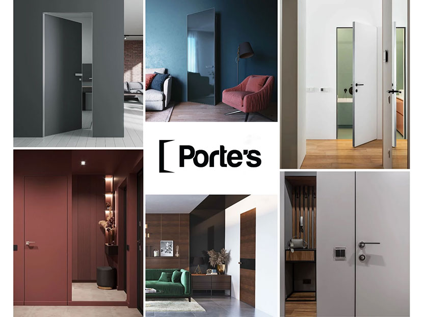 Колекція дверей прихованого монтажу Porte's в різних інтер'єрах, включно із сірими, бордовими та скляними дверними моделями